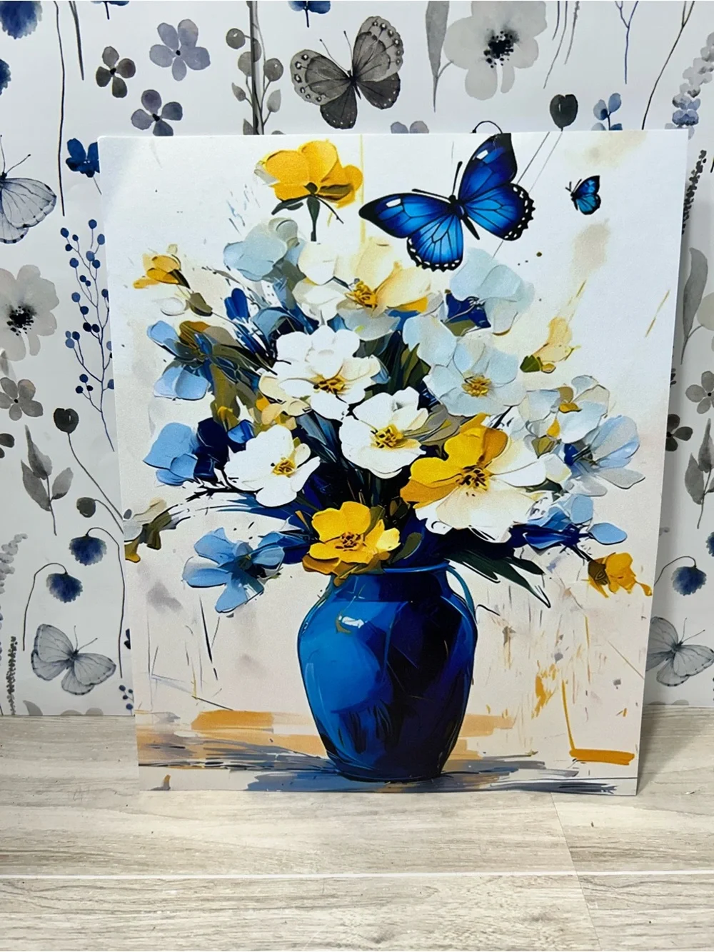 Blue White Floral Prints Set of 5 8x10 Flower Butterfly Wall Art